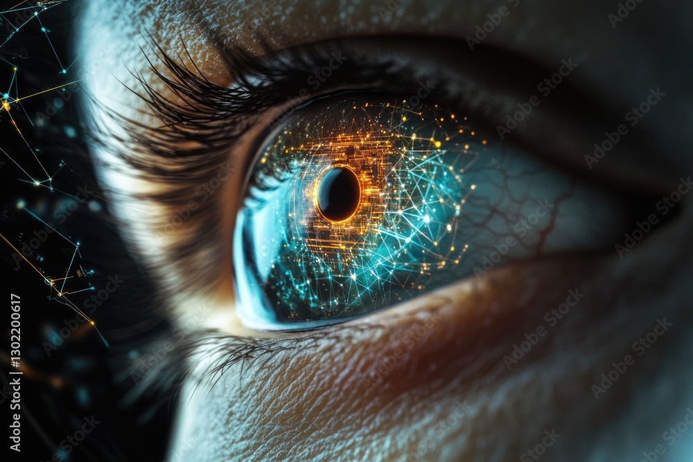 Poster a close-up of a human eye with a futuristic digital network pattern reflecting in the iris.