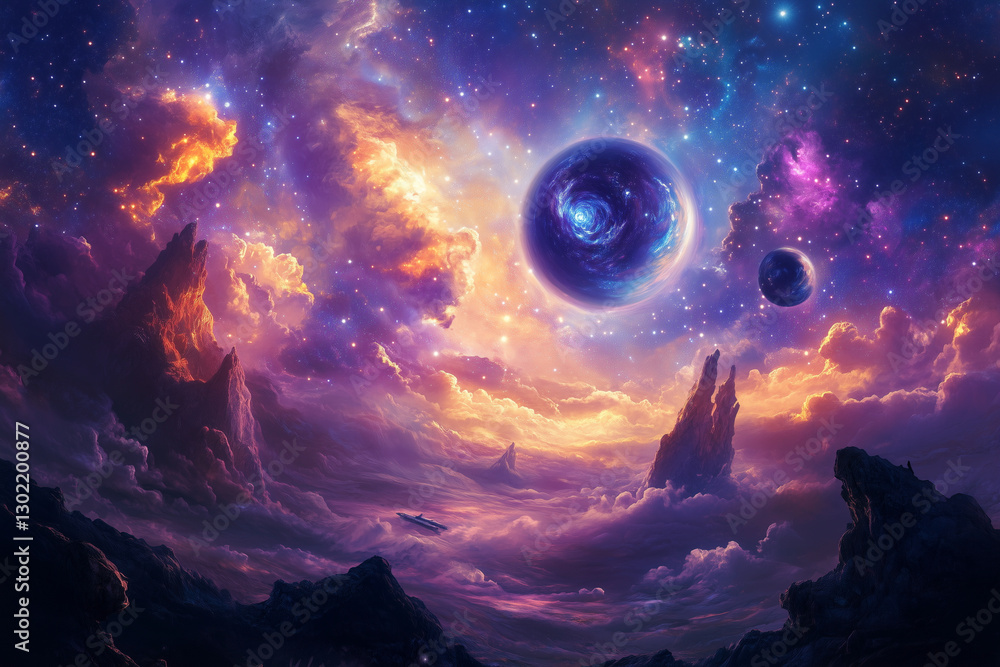 Poster colorful space scene with a large blue planet and two smaller planets in the background. the sky is 