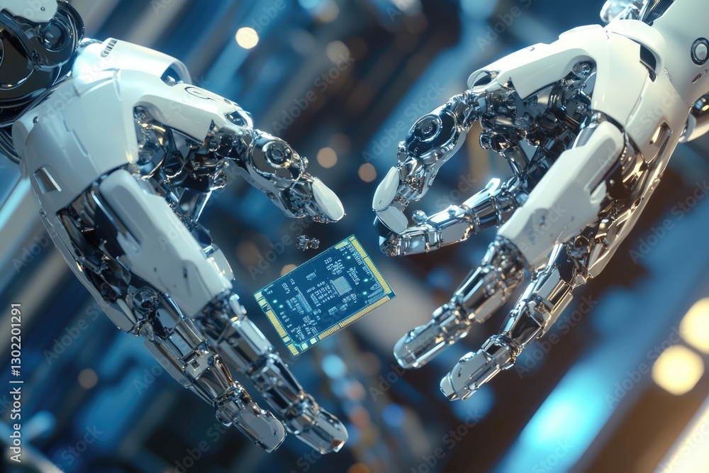 Poster two robotic arms delicately exchange a microchip, showcasing advanced automation and technological p