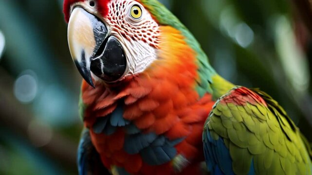 A vibrant close-up of a colorful macaw parrot with vivid feathers, showcasing its striking facial features and intricate feather patterns, captured in a tropical setting.