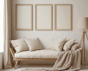 Minimalist living room with beige sofa, three frames, and floor lamp.