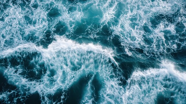 An overhead shot captures ocean waves crashing and foaming