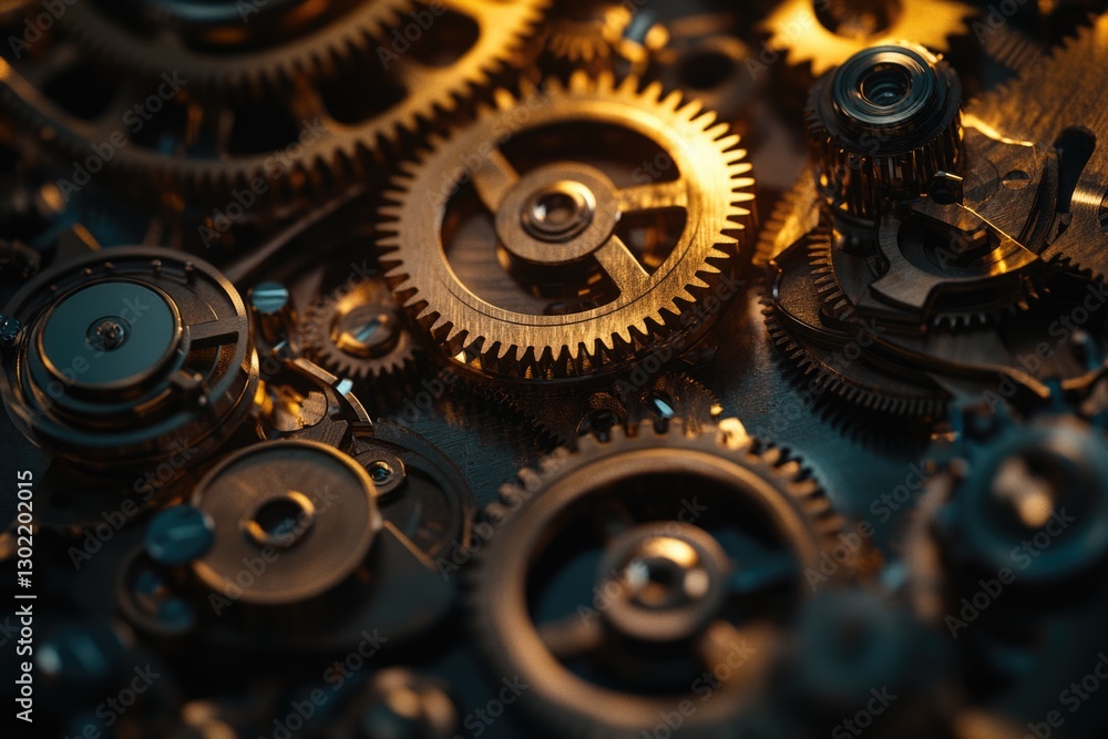 Poster intricate clockwork gears interlock, showcasing precision engineering and complex mechanics.