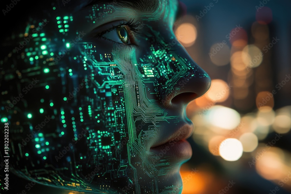 Poster a futuristic portrait of a human face overlaid with glowing circuit board patterns, symbolizing tech