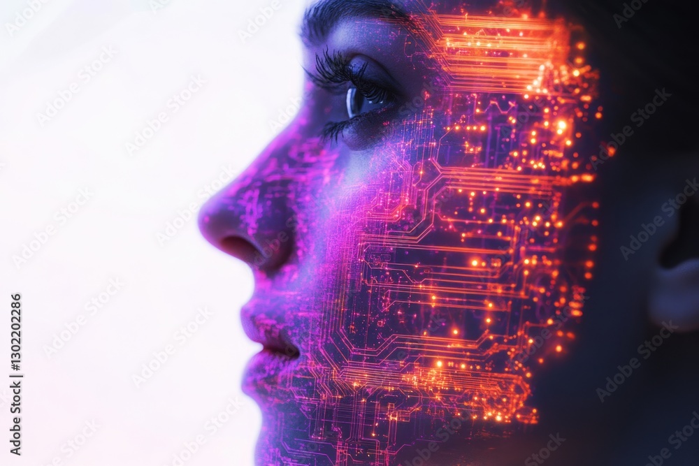Poster a woman's face merges with glowing circuit board patterns, symbolizing technological integration wit