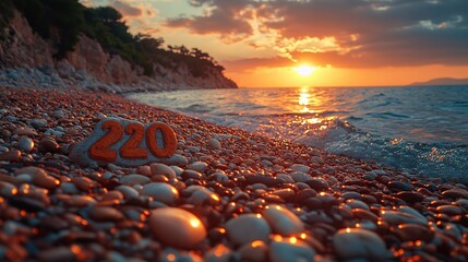 Obraz premium Sunset beach scene with number 220 on a rock, dramatic sky