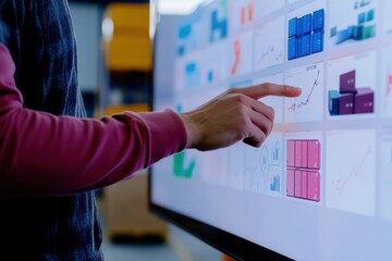 Logistics manager hand using futuristic tracking dashboard for efficiency control