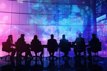 Silhouetted business team analyzes data projected on a large screen, showcasing modern technology and collaboration in a futuristic setting.