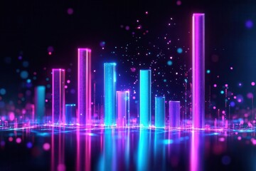 dynamic 3d holographic bar chart with electric blue and purple neon elements rising dramatically against obsidian background, reflecting on glossy surface with digital particles floating upward
