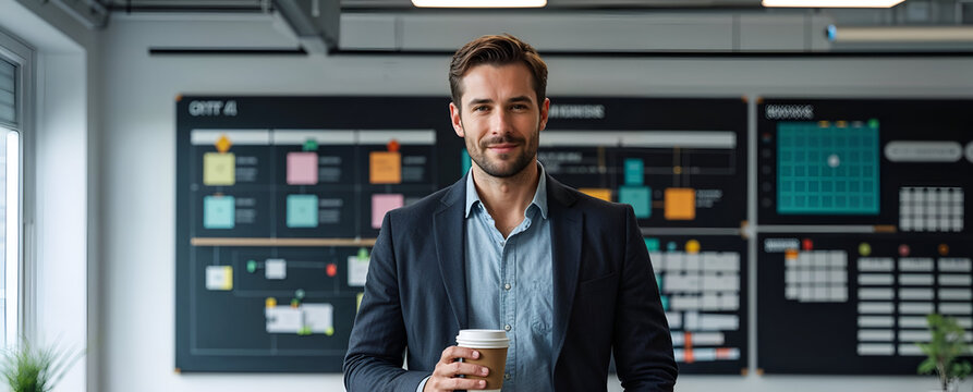 businessman in the office, Confident Bearded Business Professional in Smart Casual Attire Standing in a Modern Office with Digital Screens and Data Visualization in a Tech Startup Environment