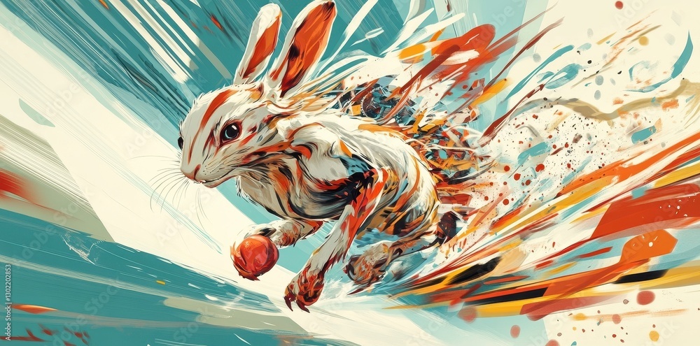 Poster artistic representation of a running rabbit with colored streaks