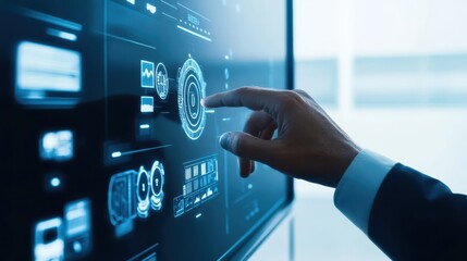Logistics manager hand using futuristic tracking dashboard for efficiency control