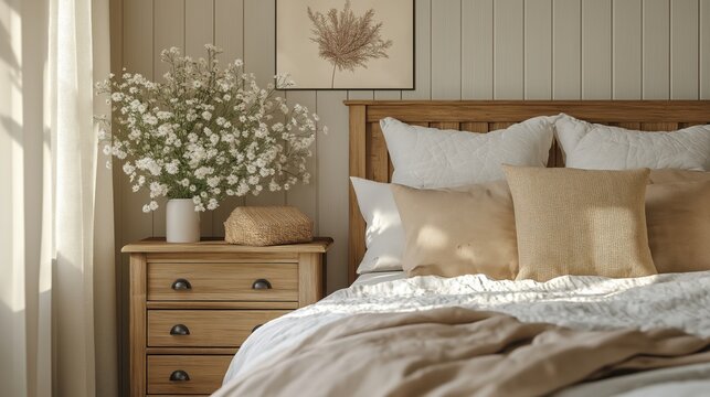 Mesita de noche r&uacute;stica cerca de la cama con almohadas beige. Dise&ntilde;o interior de granja de dormitorio moderno.