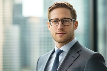Confident young businessman in suit and glasses, professional portrait against city backdrop.