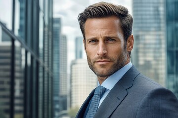 Fototapeta premium Confident businessman in suit, standing in front of modern cityscape. 