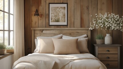 Mesita de noche rústica cerca de la cama con almohadas beige. Diseño interior de granja de dormitorio moderno.