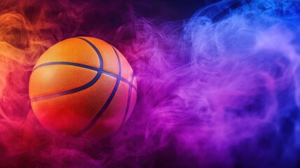 Fototapeta premium Basketball surrounded by colorful smoke creates a dynamic composition
