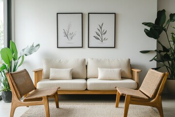 Minimalist living room with beige sofa, wooden chairs, and botanical prints.