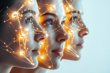 Obraz premium Three female faces with glowing lines connecting, symbolizing neural networks and AI.