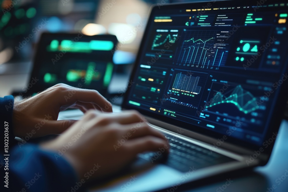 Poster person using a laptop displaying various data graphs and charts, likely analyzing financial or techn