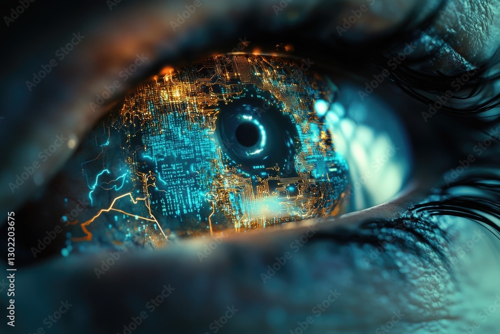 Poster close-up of a futuristic eye with glowing circuit board patterns, symbolizing technological integrat