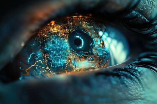 Close-up of a futuristic eye with glowing circuit board patterns, symbolizing technological integration with the human body.