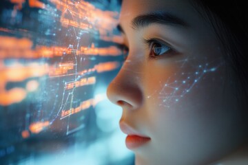 A young woman's profile is illuminated by a vibrant digital interface, showcasing futuristic technology.