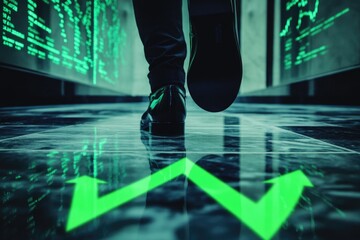 Businessperson walks towards upward green arrow projected on floor, symbolizing financial growth and success.