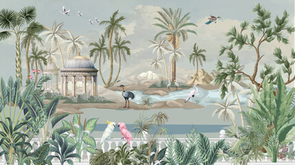 Botanical Mural Landscape, Mughal Mural, Tropical Background with Dom and Birds. © Sharif