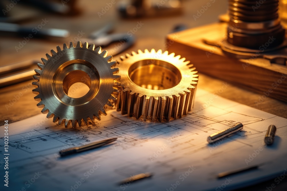 Poster precision-machined brass gears rest on engineering blueprints, showcasing intricate design and craft