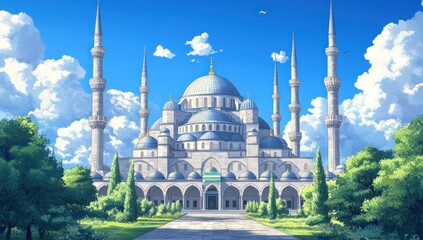 Obraz premium Majestic mosque under sunny sky, surrounded by lush greenery.