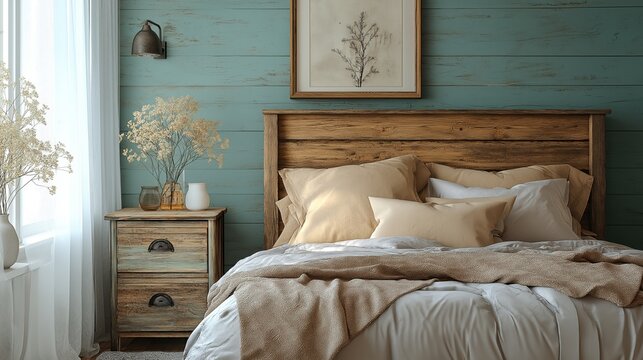 Mesita de noche r&uacute;stica cerca de la cama con almohadas beige. Dise&ntilde;o interior de granja de dormitorio moderno.
