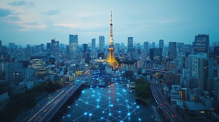 Naklejka premium Tokyo cityscape at twilight with digital network overlay