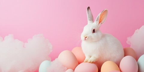 Fototapeta premium White Rabbit Amidst Pastel Easter Eggs and Pink Clouds