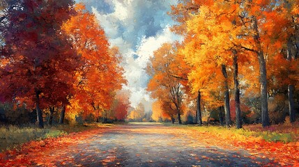 An impressionist painting of autumn trees in the distance, with colorful leaves on the ground and trees with orange and yellow foliage. 