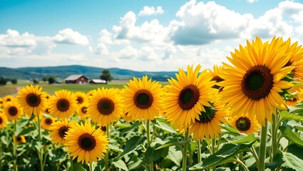 Fototapeta premium Sunflower Field on a Sunny Summer Day with Farm and Rural Landscape Background