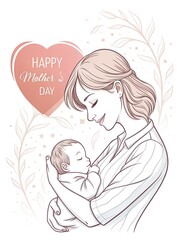 A soft and artistic Mother’s Day card featuring a sketch-style illustration of a mother gently holding her baby, surrounded by soft floral elements. A touching and heartfelt tribute to a mother’s love