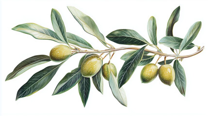 Botanical illustration of an olive branch with green olives, symbolizing peace and harmony. Perfect for International Day of Peace.