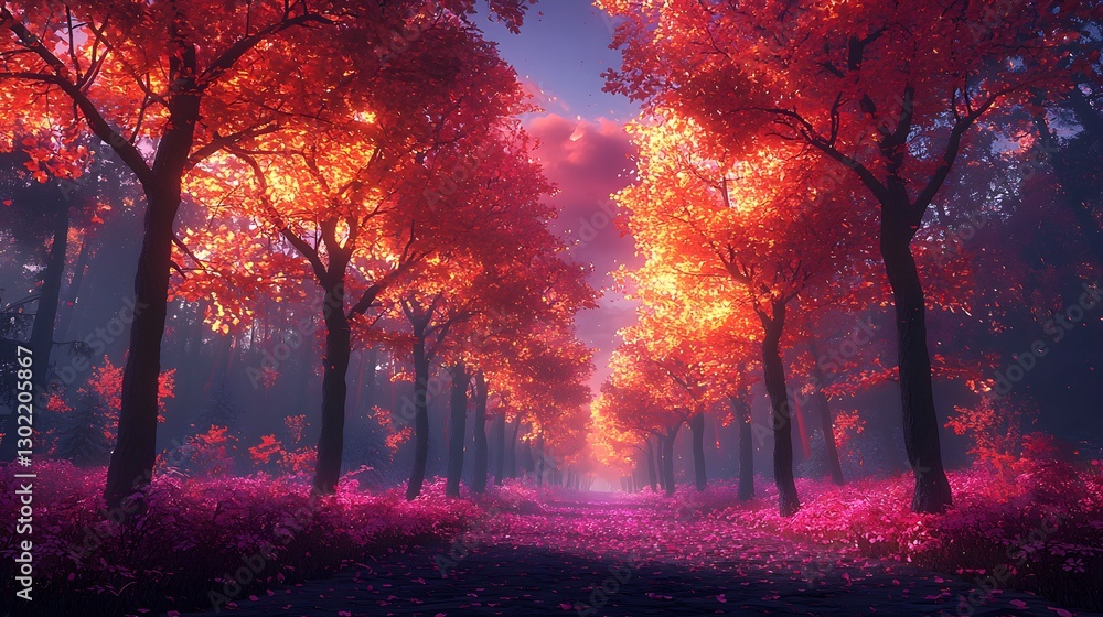 Poster enchanting forest with a serene pathway flanked by tall trees creating a beautiful natural environme