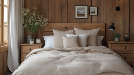 Mesita de noche rústica cerca de la cama con almohadas beige. Diseño interior de granja de dormitorio moderno.