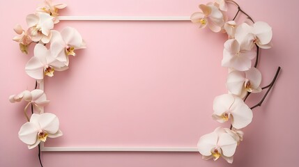 Beautiful white orchid flowers decorate a pink background with frame