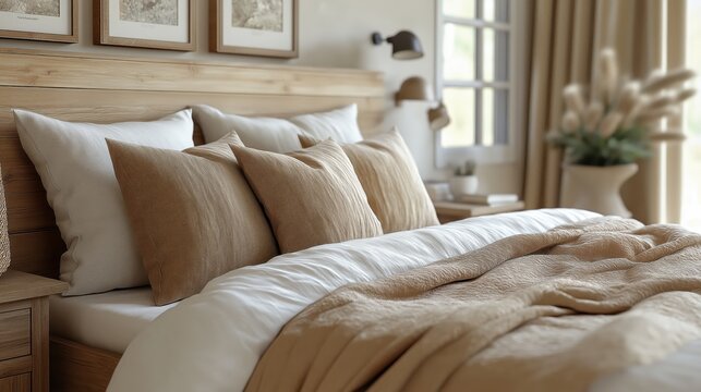 Mesita de noche r&uacute;stica cerca de la cama con almohadas beige. Dise&ntilde;o interior de granja de dormitorio moderno.