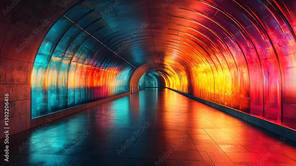 Poster long tunnel with a spacious walkway leading into the unknown surrounded by walls of concrete and dim