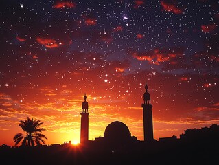 Sunset Mosque Silhouette, Starry Night
