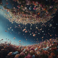 A surreal dreamscape of floating flowers suspended in zero gravity.
