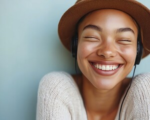 Happy woman listening music, studio background
