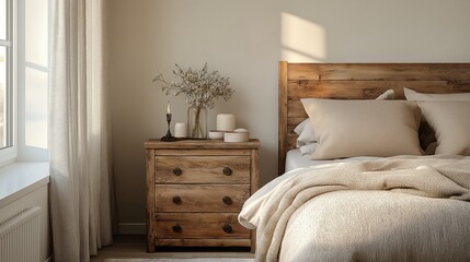 Rustic bedside cabinet near bed with beige pillows. Farmhouse interior design of modern bedroom.