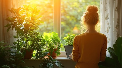 Woman working at window, plants, sunlight, home office