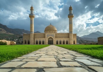 Fototapeta premium Majestic mosque with twin minarets, set against a dramatic mountain backdrop.