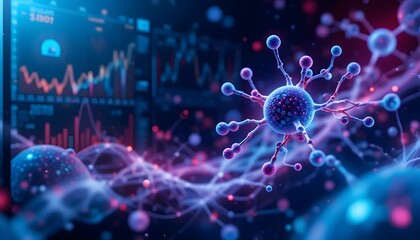 Vibrant Digital Rendering of Virus in Abstract Biological and Data Visualization Environment